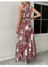 Kadın Halter Yakalı Omuzlardan Açık Kuşaklı Maksi Boy Desenli Süprem Elbise