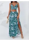 Kadın Ince Askılı çiçek Baskı Desenli Crop Yırtmaçlı Etek Ikili Süprem Takım