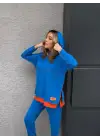 Kadın Indigo Kapşonlu Etek Ucu Detay Arma Ters Dikiş Gorunumlu Ikili Takım