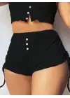 Kadın Ip Askılı Crop Bluz Ve Yanlardan Büzgülü Ikili Kaşkorse Short Takım