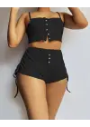 Kadın Ip Askılı Crop Bluz Ve Yanlardan Büzgülü Ikili Kaşkorse Short Takım