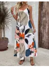 Kadın Ip Askılı Geniş V Yakalı Desenli Süprem Elbise