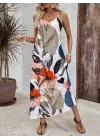 Kadın Ip Askılı Geniş V Yakalı Desenli Süprem Elbise