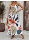 Kadın Ip Askılı Geniş V Yakalı Desenli Süprem Elbise