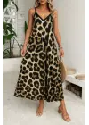 Kadın Ip Askılı Geniş V Yakalı Leopar Desenli Süprem Elbise