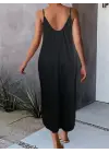 Kadın Ip Askılı Geniş V Yakalı Viskon Elbise