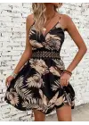 Kadın Ip Askılı Kruvaze Yakalı Desenli Mini Süprem Mini Elbise