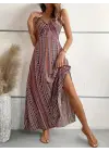 Kadın Ip Askılı Sırttan çapraz Detaylı Yırtmaçlı Desenli Süprem Elbise
