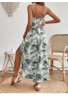 Kadın Ip Askılı V Yakalı Bel Güpür çiçek Desenli Yandan Yırtmaçlı Maksi Süprem Elbise
