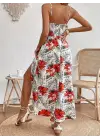 Kadın Ip Askılı V Yakalı Bel Güpür çiçek Desenli Yandan Yırtmaçlı Maksi Süprem Elbise