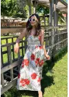 Kadın Ip Askılı V Yakalı Bel Güpür çiçek Desenli Yandan Yırtmaçlı Maksi Süprem Elbise
