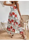 Kadın Ip Askılı V Yakalı Bel Güpür çiçek Desenli Yandan Yırtmaçlı Maksi Süprem Elbise