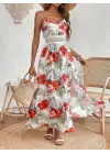 Kadın Ip Askılı V Yakalı Bel Güpür çiçek Desenli Yandan Yırtmaçlı Maksi Süprem Elbise