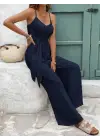 Kadın Ip Askılı V Yakalı Belden Kuşaklı Uzun Aerobin Tulum