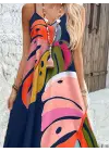 Omarı Feminen Desenli Maxi Elbise