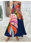 Omarı Feminen Desenli Maxi Elbise