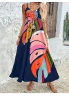 Omarı Feminen Desenli Maxi Elbise