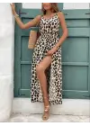 Kadın Ip Askılı Yuvarlak Yakalı Arkası V Yakalı Yırtmaçlı Uzun Leopar Desenli Süprem Elbise