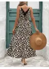 Kadın Ip Askılı Yuvarlak Yakalı Arkası V Yakalı Yırtmaçlı Uzun Leopar Desenli Süprem Elbise