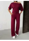 Kadın İsa Kollu Kayık Yaka Bluz Ve Pantolon Misal Kumaş Ikili Takım