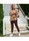 Kadın Kahve Kapşonlu Etek Ucu Detay Arma Ters Dikiş Gorunumlu Ikili Takım