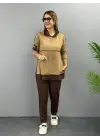 Kadın Kahve Kapşonlu Etek Ucu Detay Arma Ters Dikiş Gorunumlu Ikili Takım