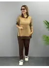 Kadın Kahve Kapşonlu Etek Ucu Detay Arma Ters Dikiş Gorunumlu Ikili Takım