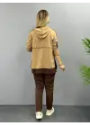 Kadın Kahve Kapşonlu Etek Ucu Detay Arma Ters Dikiş Gorunumlu Ikili Takım
