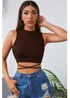 Omarı Şık Kahverengi Çapraz Bağlamalı Crop Top