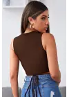 Omarı Şık Kahverengi Çapraz Bağlamalı Crop Top
