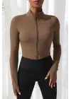 Omarı Kahverengi Uzun Kol Dik Yaka Crop Top Bluz