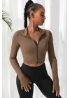 Omarı Kahverengi Uzun Kol Dik Yaka Crop Top Bluz