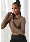 Omarı Kahverengi Uzun Kol Dik Yaka Crop Top Bluz