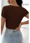 Omarı Yaz Stiline Uygun Kahverengi Crop Top Bluz