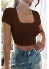 Omarı Yaz Stiline Uygun Kahverengi Crop Top Bluz