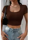 Omarı Yaz Stiline Uygun Kahverengi Crop Top Bluz