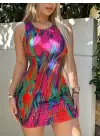 Omarı Çok Renkli Kadın Kalın Askılı Mini Elbise
