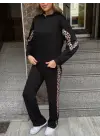 Kadın Kapüşonlu Leopar Detay Sweat Ve Yüksek Bel Yanları Leopar şeritli Bol Paça Pantolon Ikili Takım