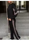 Kadın Kapüşonlu Leopar Detay Sweat Ve Yüksek Bel Yanları Leopar şeritli Bol Paça Pantolon Ikili Takım