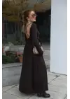 Kadın Kayık Yaka Sırt Dekoltesi Ve Yırtmaç Detay Maxi Boy Elbise