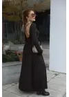 Kadın Kayık Yaka Sırt Dekoltesi Ve Yırtmaç Detay Maxi Boy Elbise