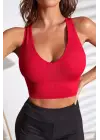 Omarı Derin Göğüs Dekolteli Kırmızı Kadın Crop Top Bluz