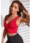 Omarı Derin Göğüs Dekolteli Kırmızı Kadın Crop Top Bluz