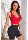Omarı Derin Göğüs Dekolteli Kırmızı Kadın Crop Top Bluz