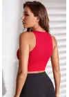 Omarı Derin Göğüs Dekolteli Kırmızı Kadın Crop Top Bluz