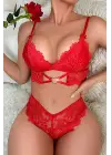 Omarı Romantik Kırmızı Kalp Detaylı Dantel İç Çamaşır Takımı