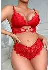 Omarı Romantik Kırmızı Kalp Detaylı Dantel İç Çamaşır Takımı