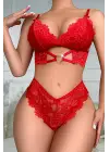 Omarı Romantik Kırmızı Kalp Detaylı Dantel İç Çamaşır Takımı