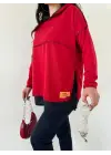 Kadın Kırmızı Kapşonlu Etek Ucu Detay Arma Ters Dikiş Gorunumlu Ikili Takım