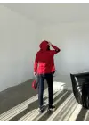 Kadın Kırmızı Kapşonlu Etek Ucu Detay Arma Ters Dikiş Gorunumlu Ikili Takım